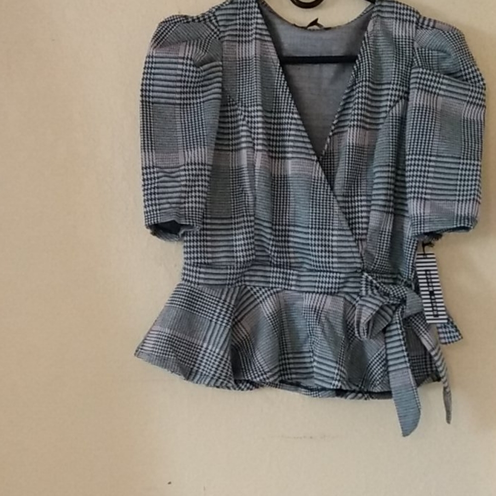 Plaid Front Wrap Puff Sleeve Top